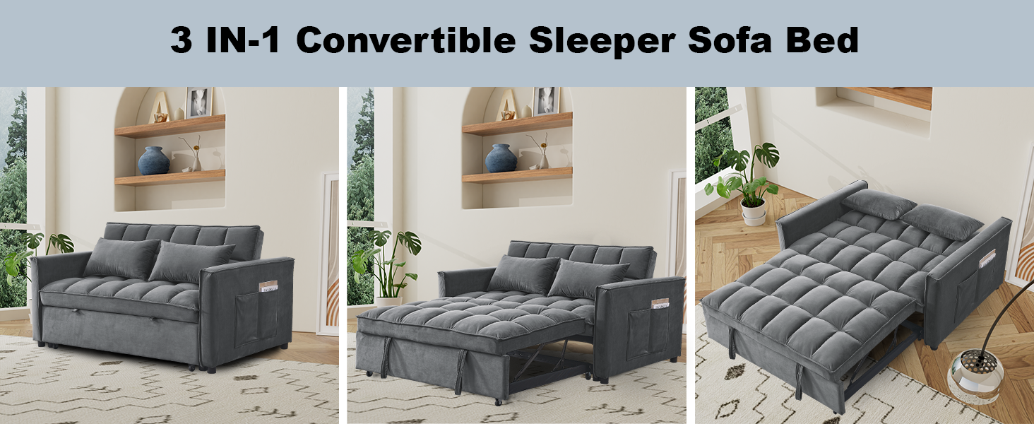 3 in 1 Convertible Sleeper Sofa Bed, Velvet Sleeper Sofa