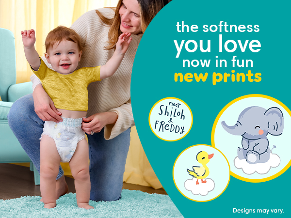 Mom holding baby wearing diaper. The softness you love now in fun new prints.