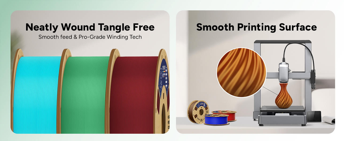 Le texte indique « Neatly Wound Tangle Free » et « Surface d'impression lisse ». Collection de bobines de filament pour imprimantes 3D de différentes couleurs, dont le bleu, le vert et le bordeaux, soigneusement organisées sur des supports.