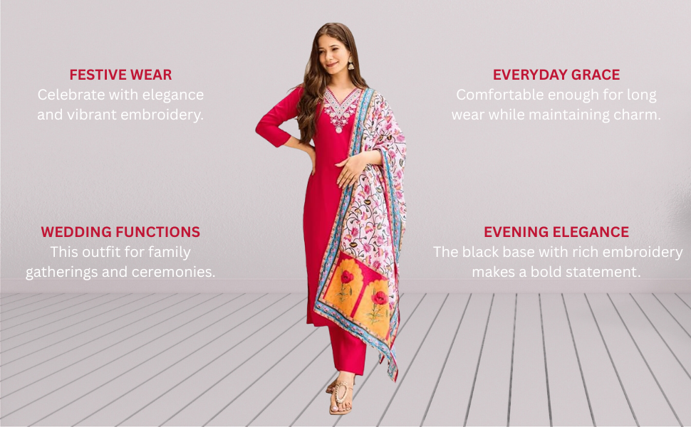 ARMA Fashion Women’s Embroidered Rayon Kurta Set with Pant & Dupatta