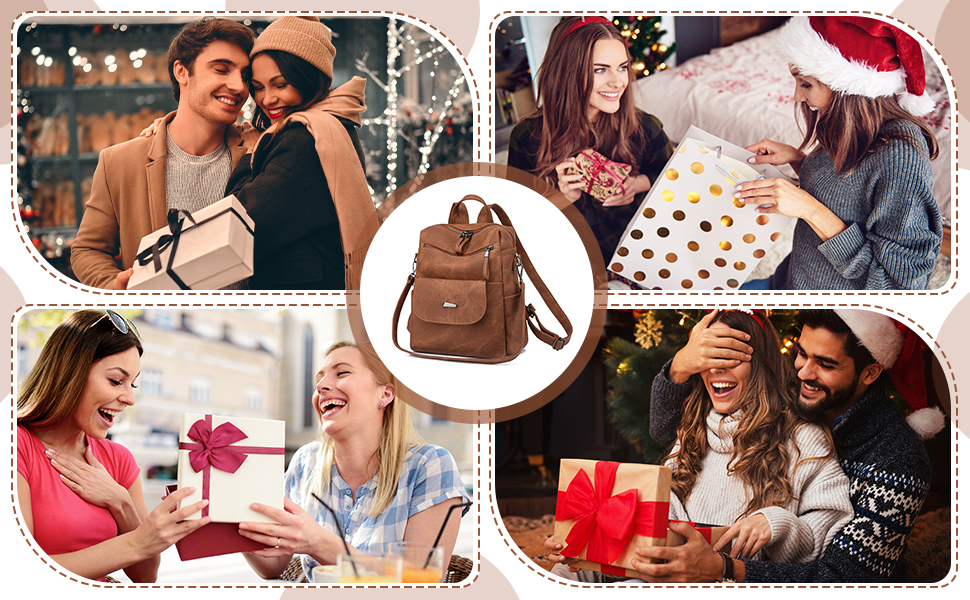 un collage d'images d'une femme tenant un sac à dos marron et d'une femme tenant un cadeau.