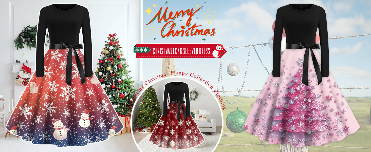 CUCUHAM Women's Christmas Dress Vintage Xmas Trees Print