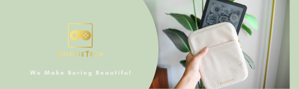 stickietech logo, image of corduroy kindle sleeve with kindle colorsoft inside