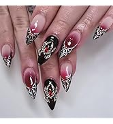 SINHOT Stiletto Press on Nails - Long Fake Nails, Glossy Finish, Goth Red Black & Gothic Spider, ...