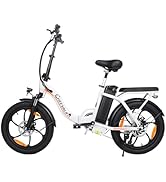 White folding electric bike with fat tires, rear rack, and front suspension. Features disc brakes, adjustable seat, and integrated battery in the frame.