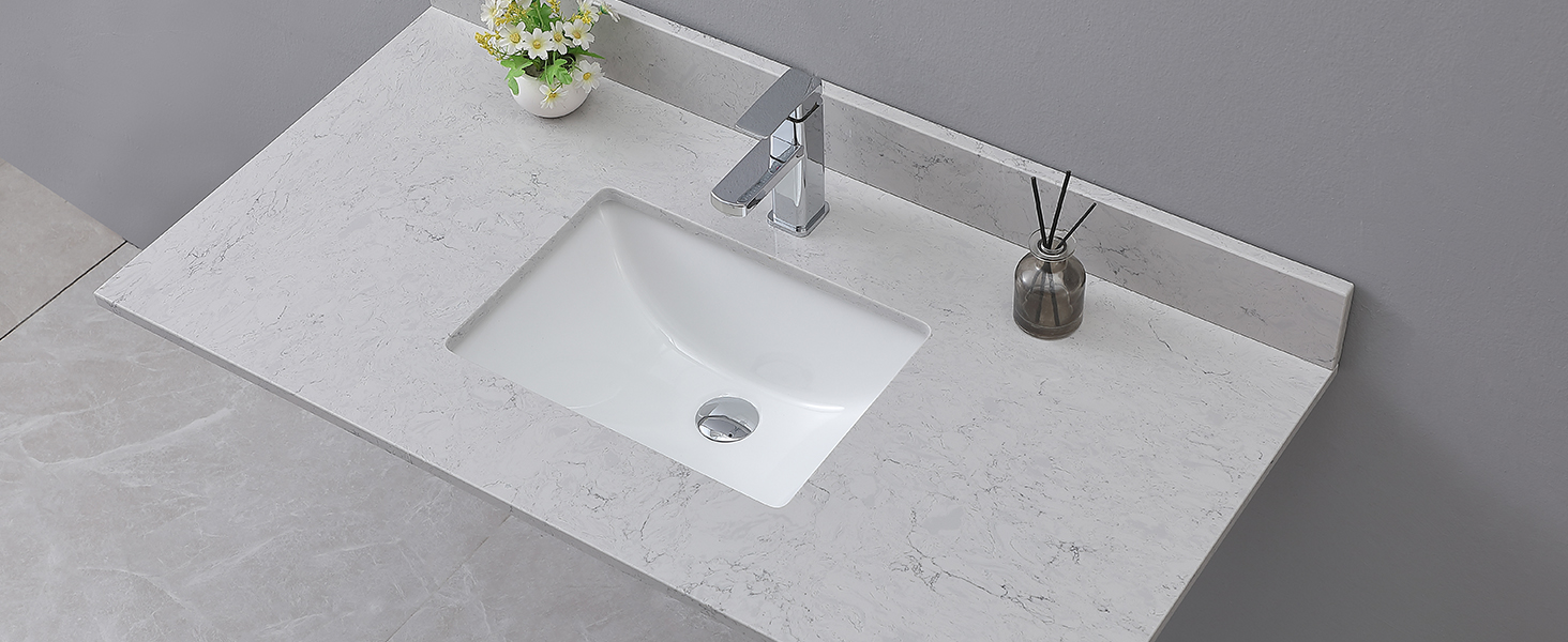 43 Inch Marble Vanity Top with Sink, Engineered Stone Vanity Sink Top with Undermount Ceramic