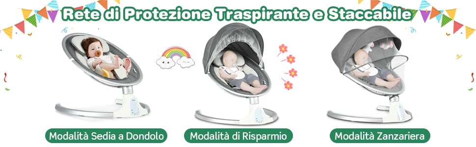 DREAMADE Sdraietta A Dondolo Elettrica, Culla Elettrica Per Neonati 0-6 Mesi Con Cintura Di Sicurezza, Zanzariera E Giocattoli, 5 Angoli Di Rotazione E Funzioni Musicali E Bluetooth,77x62x52 Cm 15 1