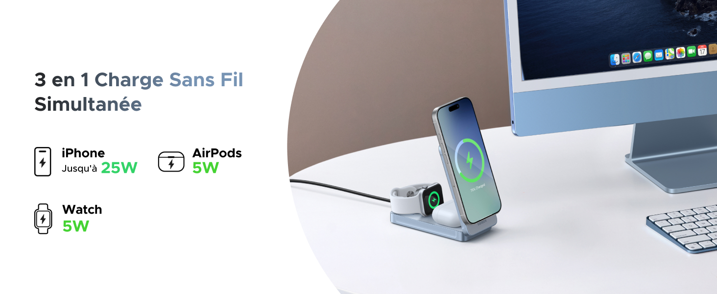 Le texte indique « Kit de type de charge 3 en 1 ». Dispositif de recharge blanc et vert menthe affiché sur le bureau à côté de l'ordinateur, doté de plusieurs capacités de charge.