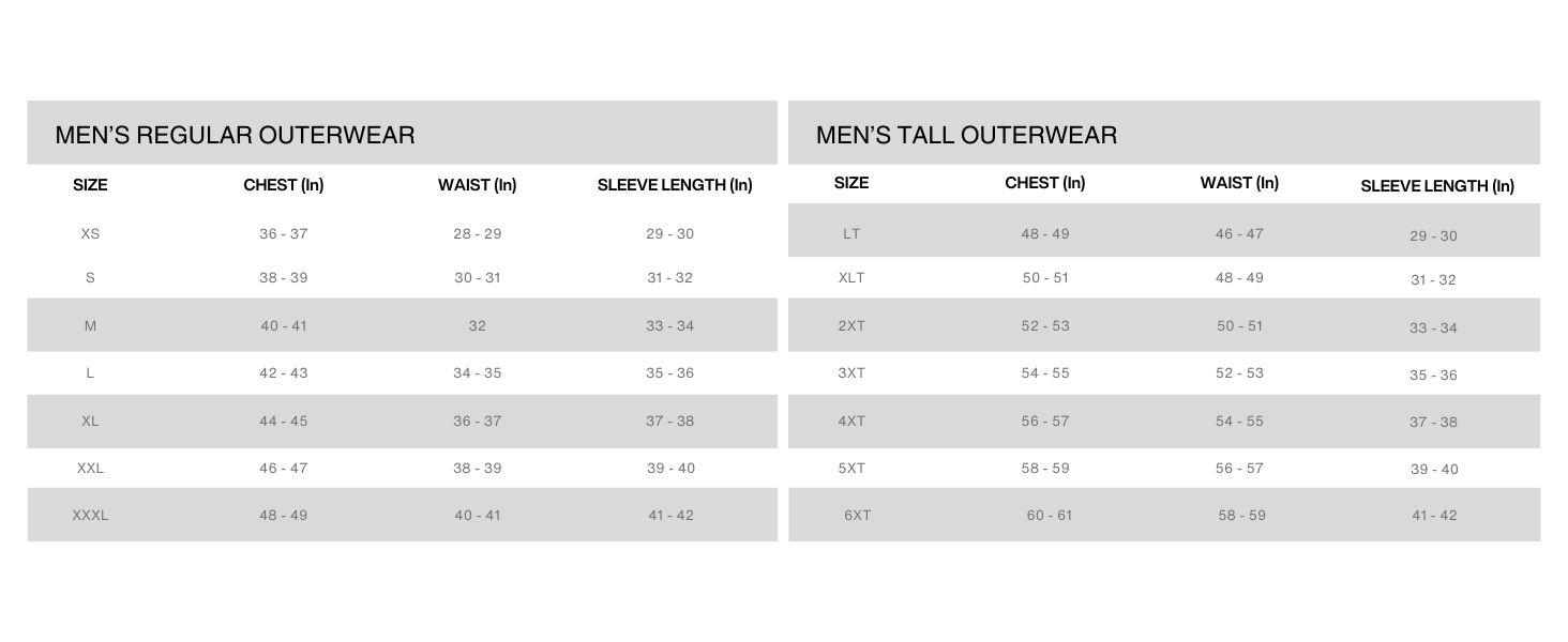 levi's mens regular and tall size charts