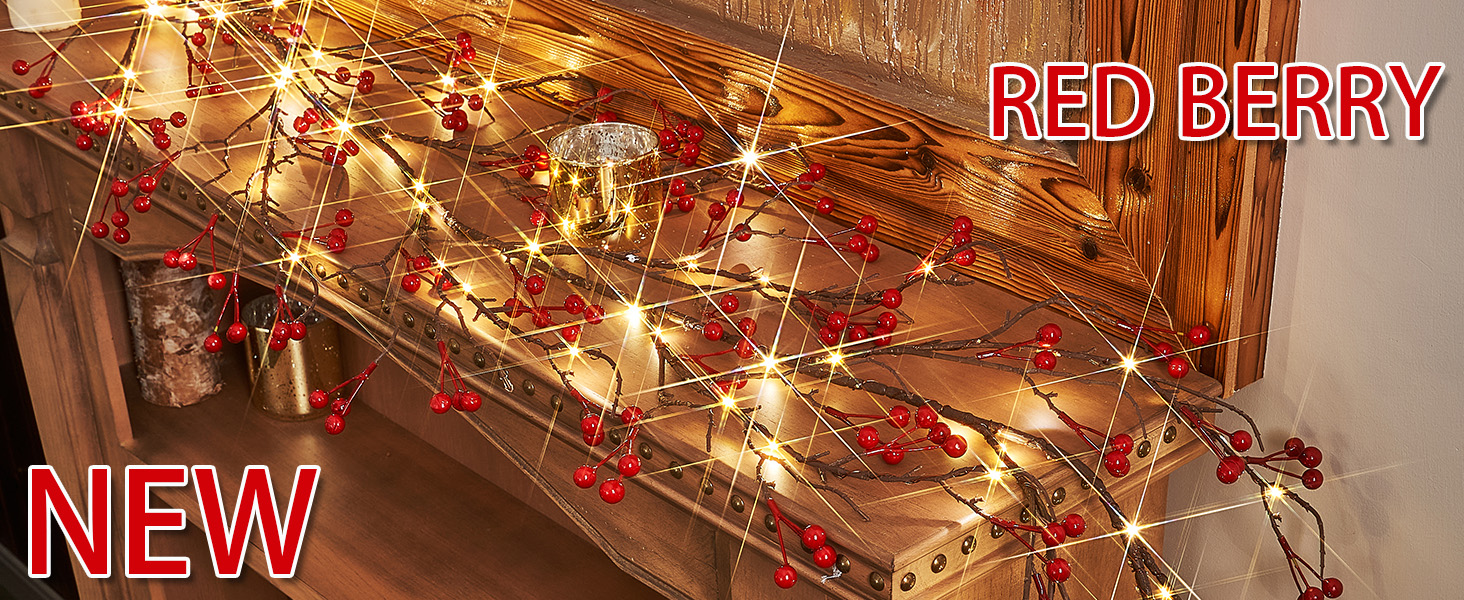 Fudios Lighted Red Berry Garland with Timer 120 LED 6FT