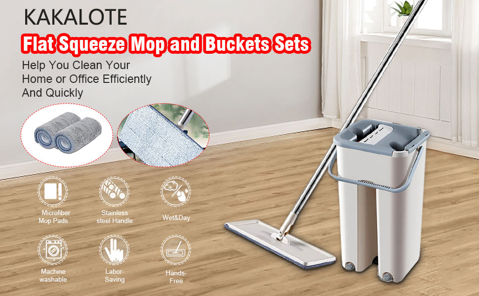 Hands Free Flat Floor Mop and Bucket, Wet and Dry Use