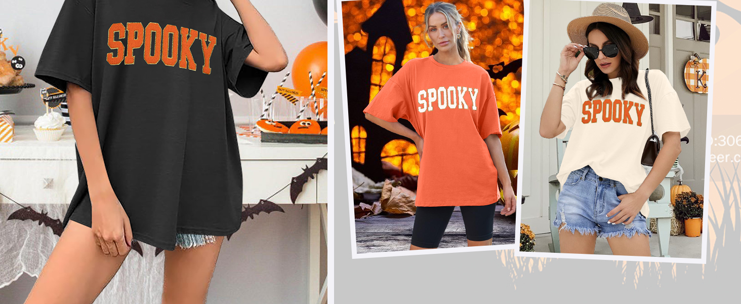 Oversized Halloween Shirt Women: Vintage Spooky Season Shirt Retro Spooky Letter Print Tee