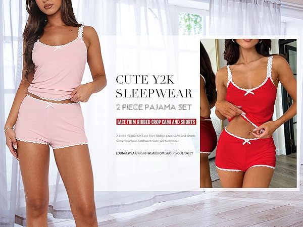 Cioatin Women 2 Piece Ribbed Y2K Pajama Set Sleeveless Lace