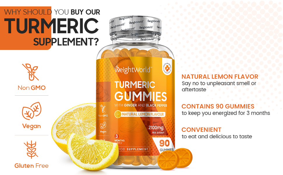 Turmeric Gummies with Black Pepper & Ginger 2100mg - 90 Natural Lemon - Best Turmeric Gummies With Black Pepper