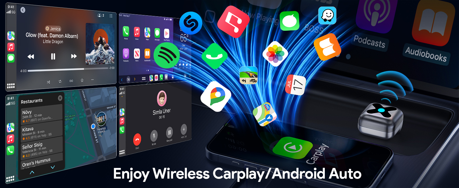Text reads 'Enjoy Wireless Capture/Android Auto'. Screen interface showing wireless connectivity options and menu settings.