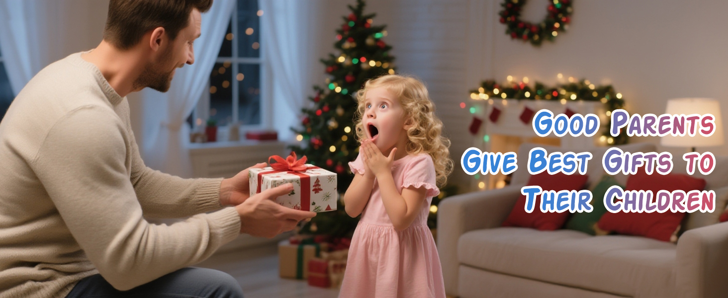 Text reads 'Image 4' and 'GREAT PRESENTS GIVE BACK GIFTS TO THESE CHILDREN'. Holiday scene showing gift-giving moment with decorated Christmas tree in background.