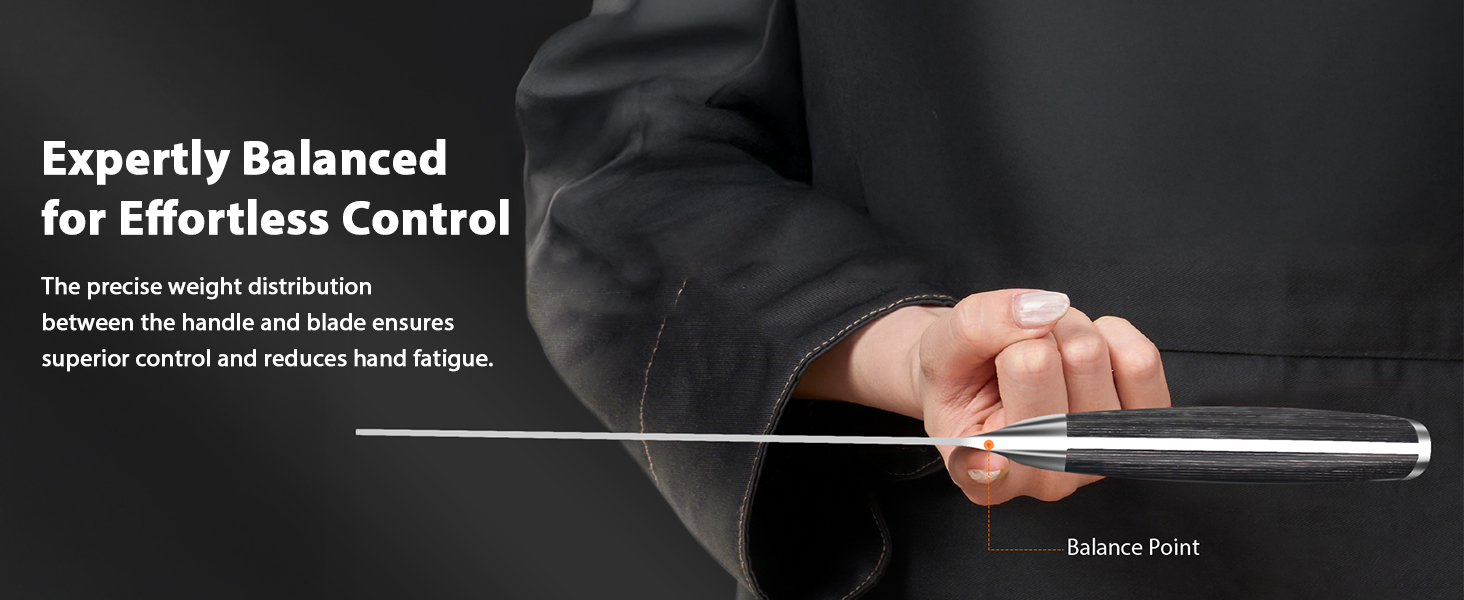 Text reads 'Expertly Balanced for Effortless Control'. Product demonstration images showing proper grip and handling techniques.