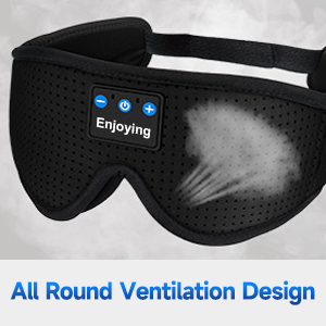 Text reads 'All Round Ventilation Design'. Black sleep mask with ventilation features and visible mesh material.