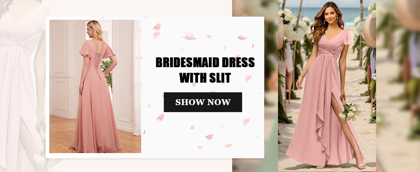 HANVAIOS V Neck Bridesmaid Dresses for Wedding Pleated Chiffon Short Sleeve Formal