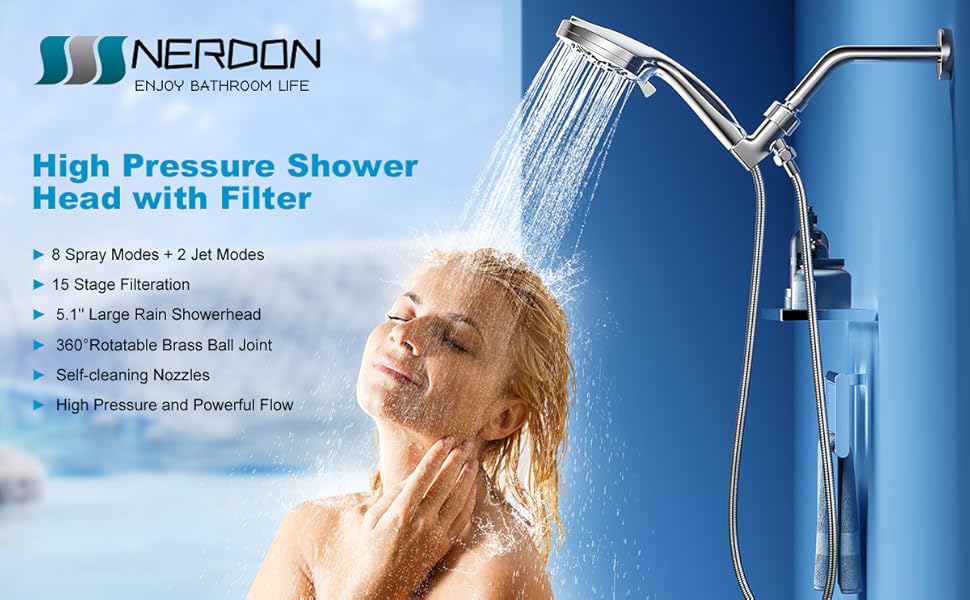 NERDON Modern 10Function Shower Head with High Pressure, Chrome Finish