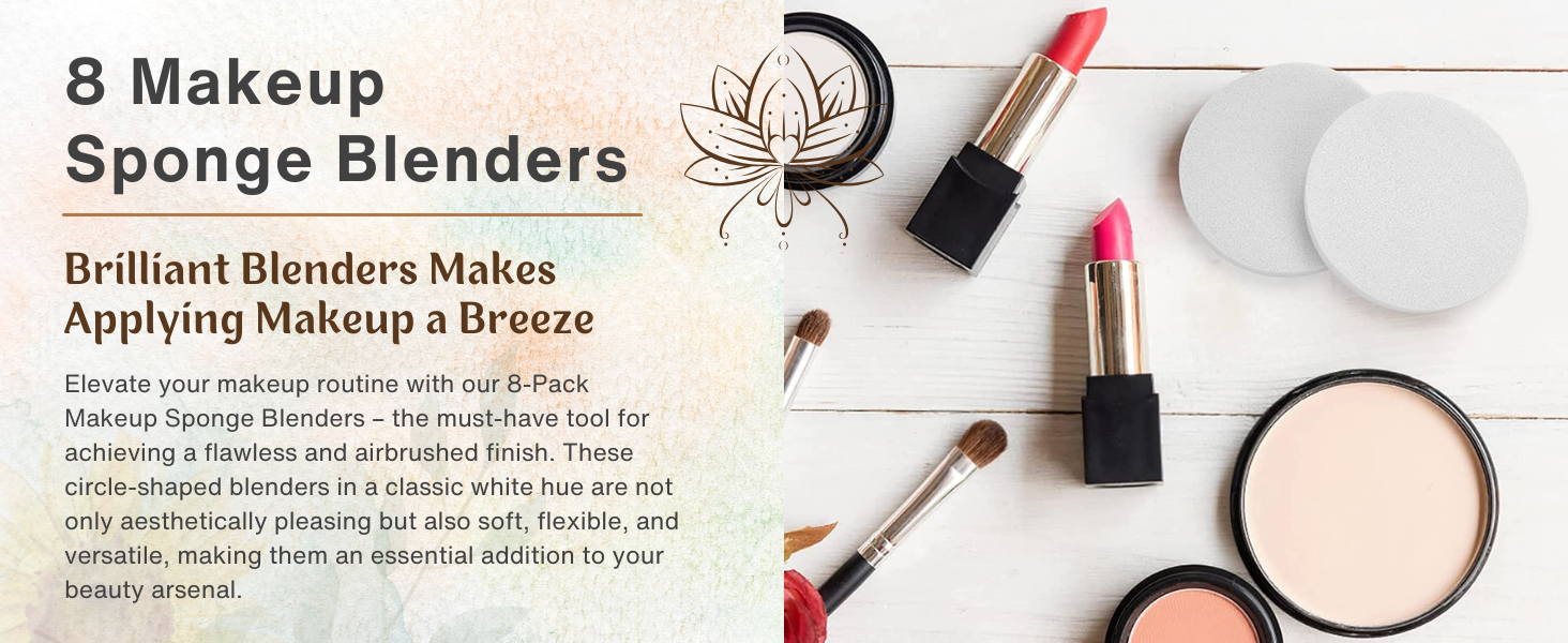 A banner showing the makeup blenders on a table with some text next to it. 