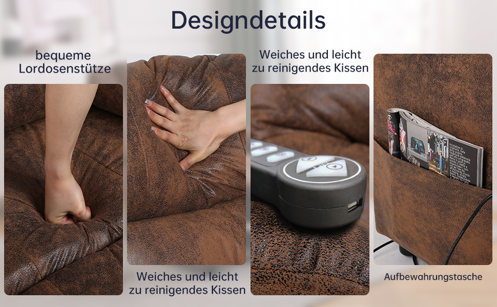 geh&ouml;ren eine bequeme Lendenwirbelst&uuml;tze, leicht zu reinigende Kissen und eine Seitentasche f&uuml;r Fernbedienungen