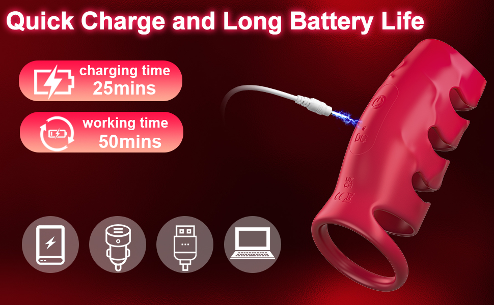 Vibrator aus rosafarbenem Silikon mit Fingerschlaufen. Bietet eine schnelle Aufladung von 25 Minuten für eine Nutzungsdauer von 50 Minuten. Kompatibel mit verschiedenen Lademethoden, die durch Symbole angezeigt werden