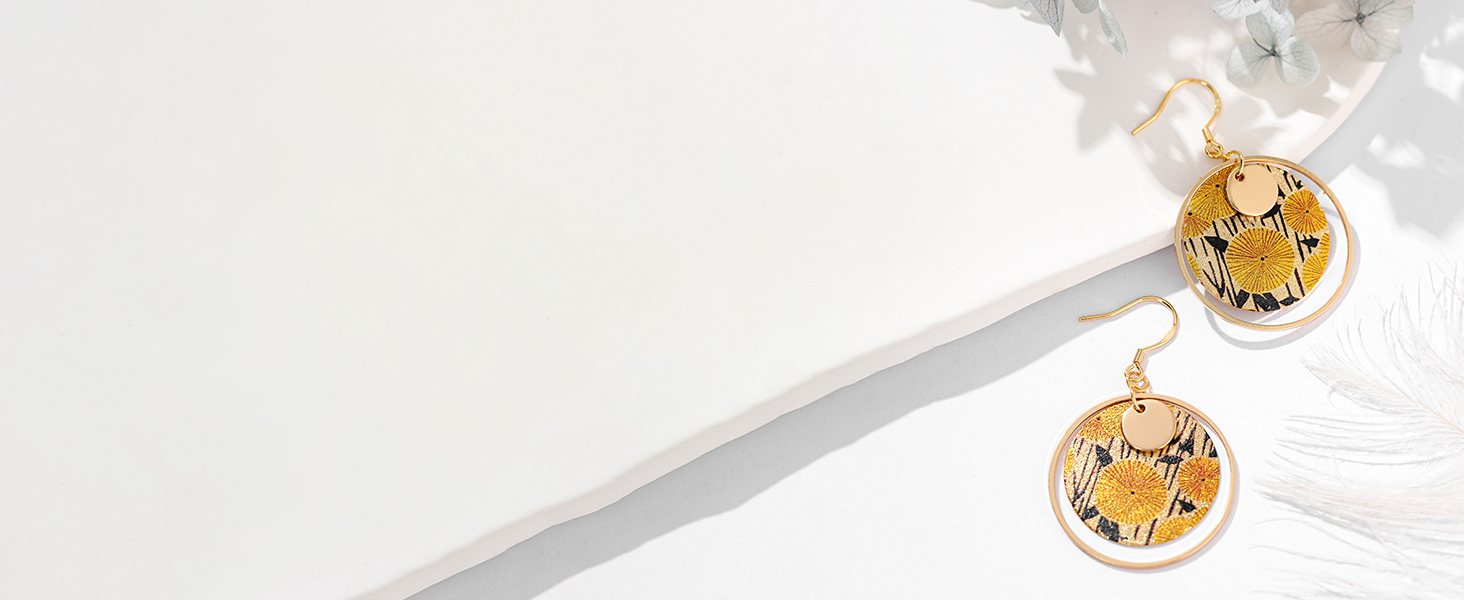 yellow dandelion print dangle earrings for women