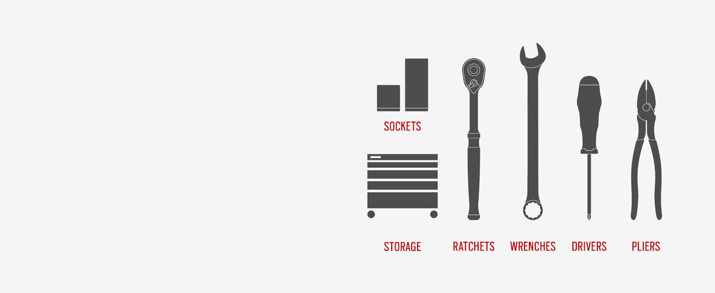 sockets, ratchets, wrenches, screwdrivers, pliers, storage