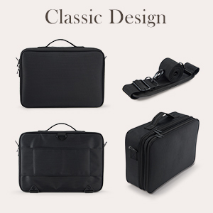 Black rectangular laptop case with handle. Multiple views show zippered compartments, adjustable shoulder strap, and padded construction for protection. Classic design with textured fabric exterior.