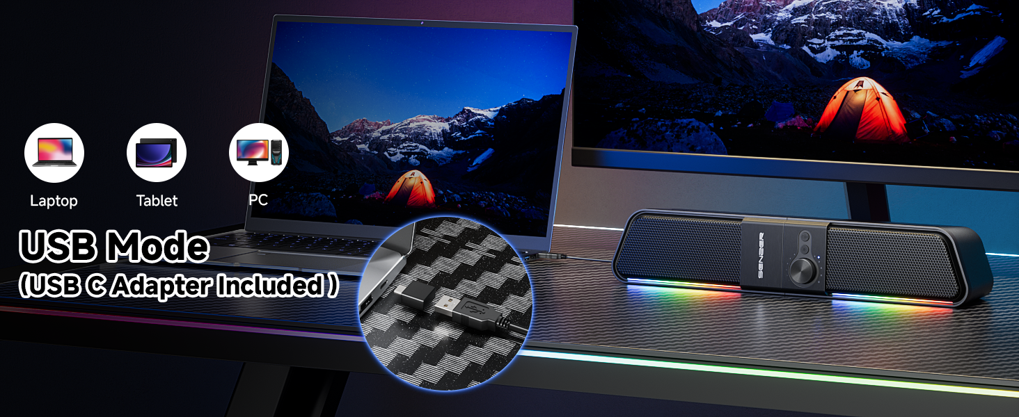 Text reads 'USB Mode.' Night scene with illuminated tent against mountain backdrop, featuring computer interface or display elements.