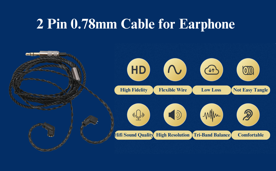 2 Pin 0.78mm Cable for Earphone, Detachable Earphone Replacement Cable