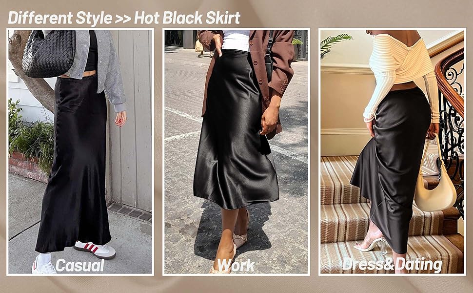 TZLDN Women Midi Skirt Satin Maxi Skirt High Wasited Skirts Silk Flowy Fall Winter 11 black satin skirt
