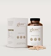 Dietary supplement product featuring a white box and brown bottle labeled 'glow25'. Box displays product information and icons. Several capsules visible beside the bottle.