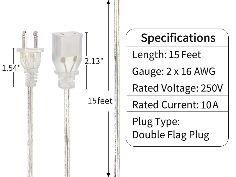 Zlierop 15 Ft Clear Extension Cord, ULCertified Appliance