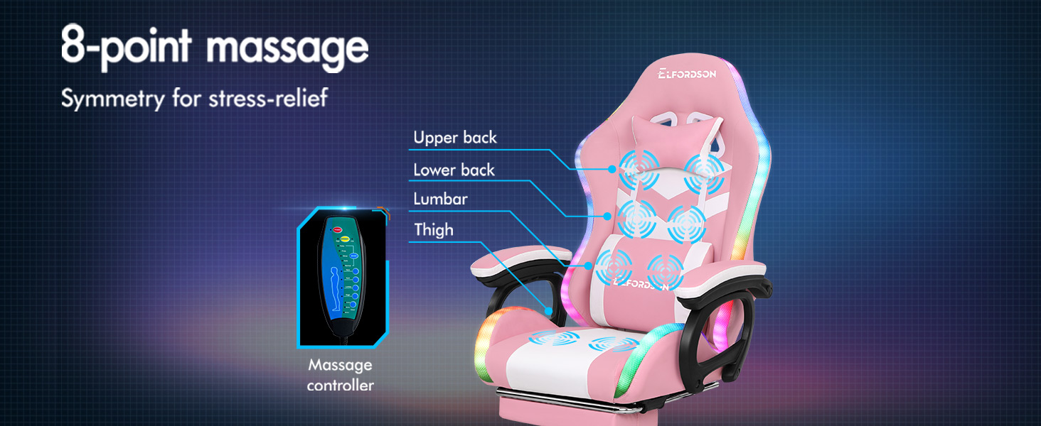 ELFORDSON Gaming Chair With RGB LED Light 8-Point Massage, Pink & White 11 2-1