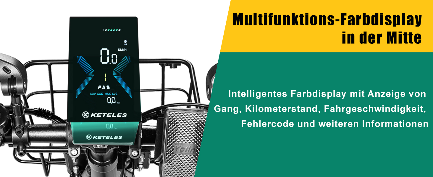 Digitaler Bildschirm, der am Fahrradlenker montiert ist und die Geschwindigkeits- und Navigationsoberfläche anzeigt, mit deutschem Text, der die Funktionen des multifunktionalen Farbdisplays beschreibt.