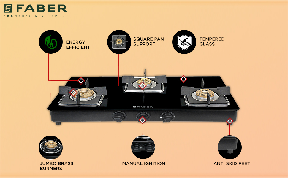 Faber Glass Top 3 Burner Gas Stove (Hob Cooktop Pearl 3BB BK) with