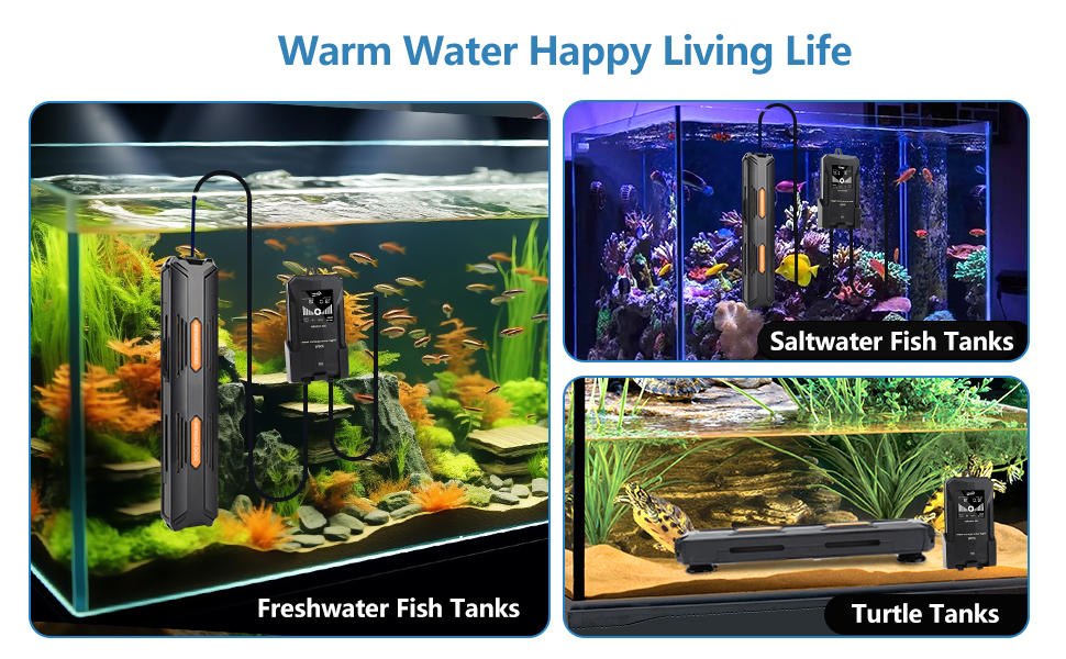 Collage aus drei Aquarienheizungen in unterschiedlichen Aquarienaufbauten: Süßwasser mit bunten Fischen, Salzwasser mit Korallen und ein Schildkrötenbecken. Der Text lautet „Warmes Wasser, glückliches Leben“