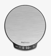 Round digital kitchen scale with stainless steel surface, black trim, and LED display. Features tare function and unit conversion capabilities.