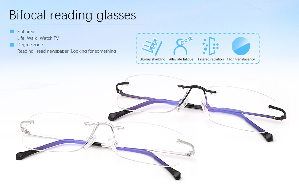 Rimless Clear Bifocal Reading Glasses Blue Light Blocking