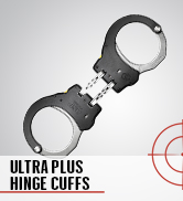 A picture of black handcuffs. Text reads: Ultra Cuffs with Hinge (Aluminum Bow).