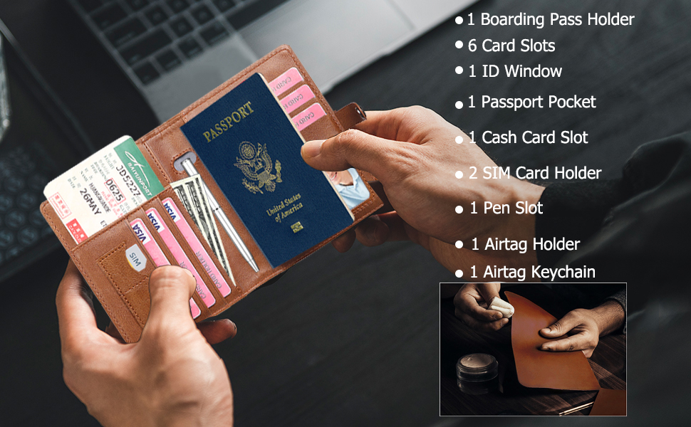 AirTag Passport Wallet with AirTag Holder and Pen Holder