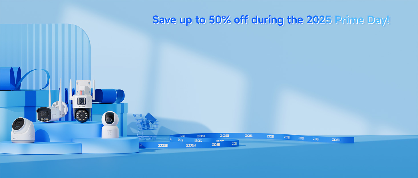 Text reads 'Save up to 50% off during the 2023 Q4 Prime Day'. Blue-tinted product display scene with various electronic devices and accessories arranged on a reflective surface.