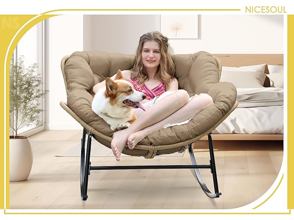 RADIATA Double Papasan Rocking Chair With Cushion, 2-Person Patio Egg Lounge Chair, Oversized Outdoor Recliner Loveseat, 700 Lbs Capacity, Comfy Big Rocker For Porch, Balcony,Living Room,Beige