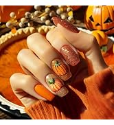 Fall Press on Nails Square Fake Nails with Designs Pumpkin Stick on Nail Medium Acrylic False Nai...