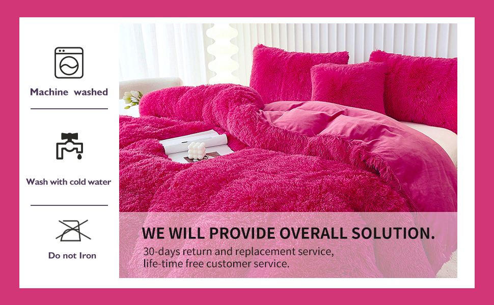 Memfydu Fluffy Duvet Cover Set, Hot Pink Plush Shaggy