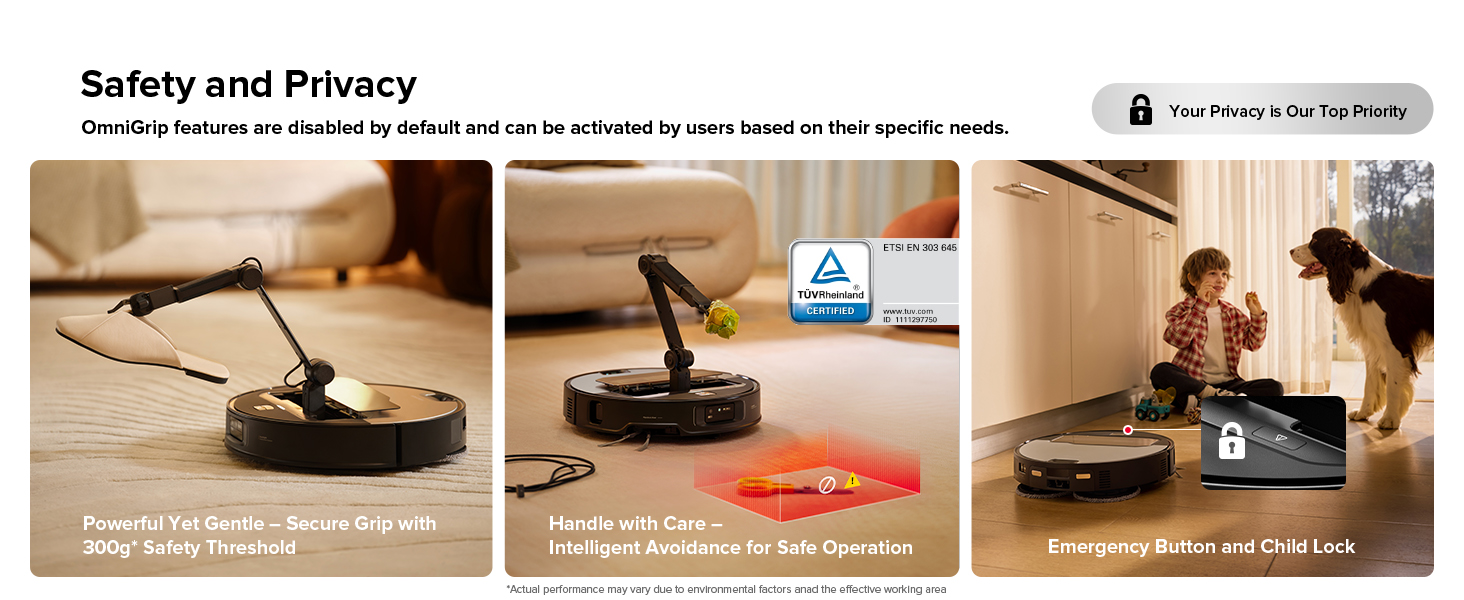 Robotic vacuum cleaner with three panels showcasing safety features: object avoidance, handle with care notification, and enhanced security with child lock functionality.