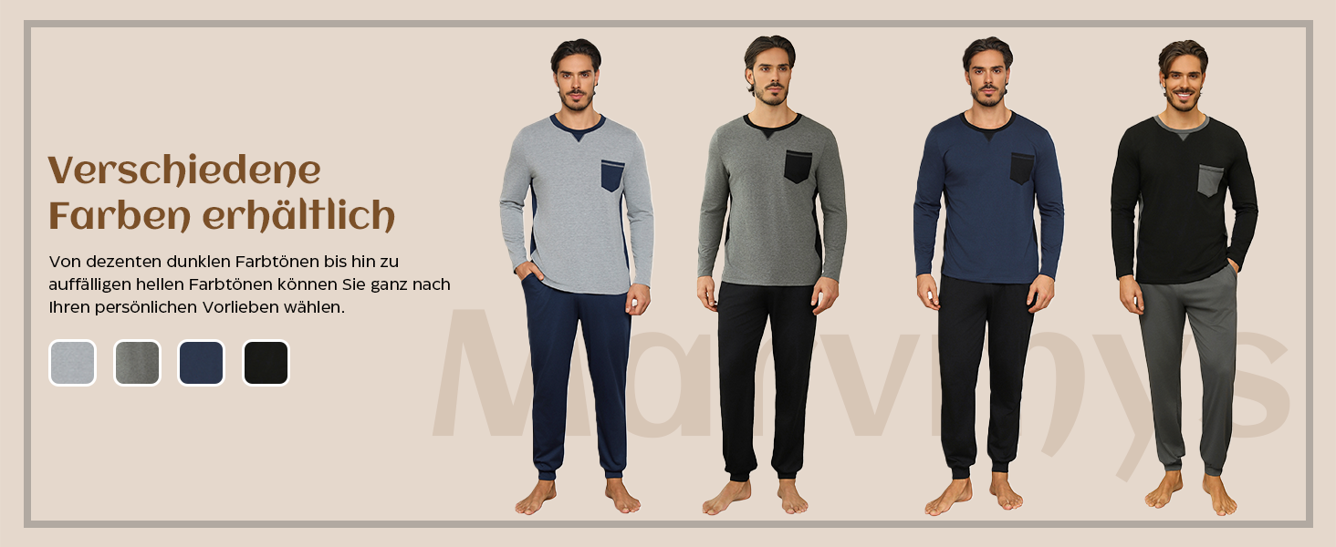 Herren Schlafanzug Lang Baumwolle Winter Pyjama Set Rundhals Schlafanzüge Männer Langarm