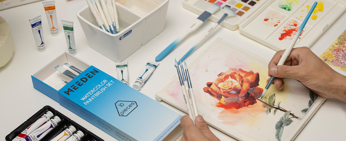 MEEDEN Watercolor Paint Brush Set 10 Pcs Art Painting Brushes with